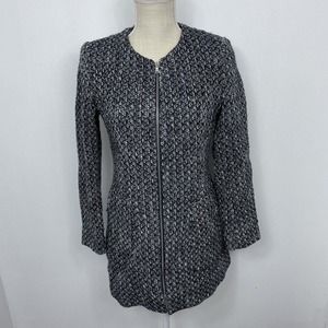 ZARA Tweed Jacket Full Zip Lined Basic Collection Womens Size Medium Black White